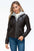 YMI Faux Layered Double-Zipper Jacket with Fuzzy Hood in black, stylish and cozy design.