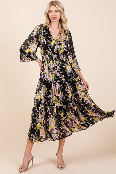 Mittoshop Flower Print Satin Lurex Stripe Smocked Midi Dress