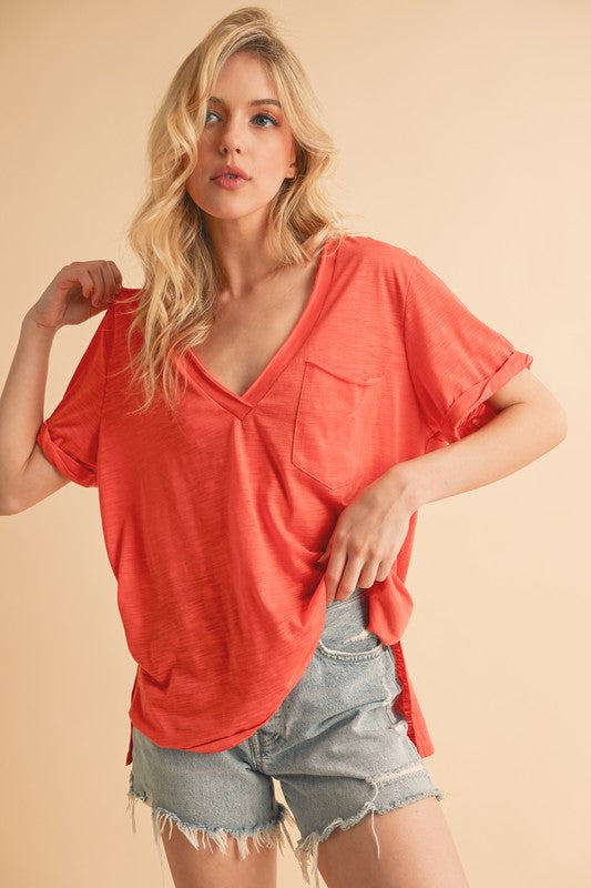 Aemi + Co Side Slit V-Neck Short Rolled Sleeve T-Shirt