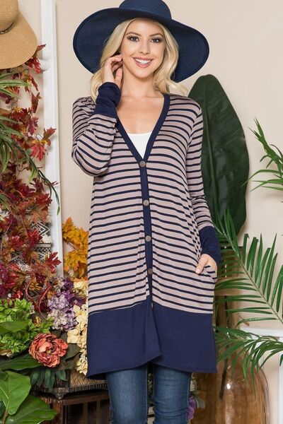 Celeste Full Size Striped Button Up Long Sleeve Cardigan Plus Size