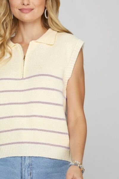 She + Sky Ribbed Hem Striped Half Zip Sweater Vest