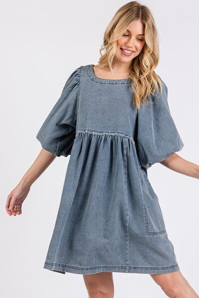 Mittoshop Washed Round Neck Puff Sleeve Denim Dress