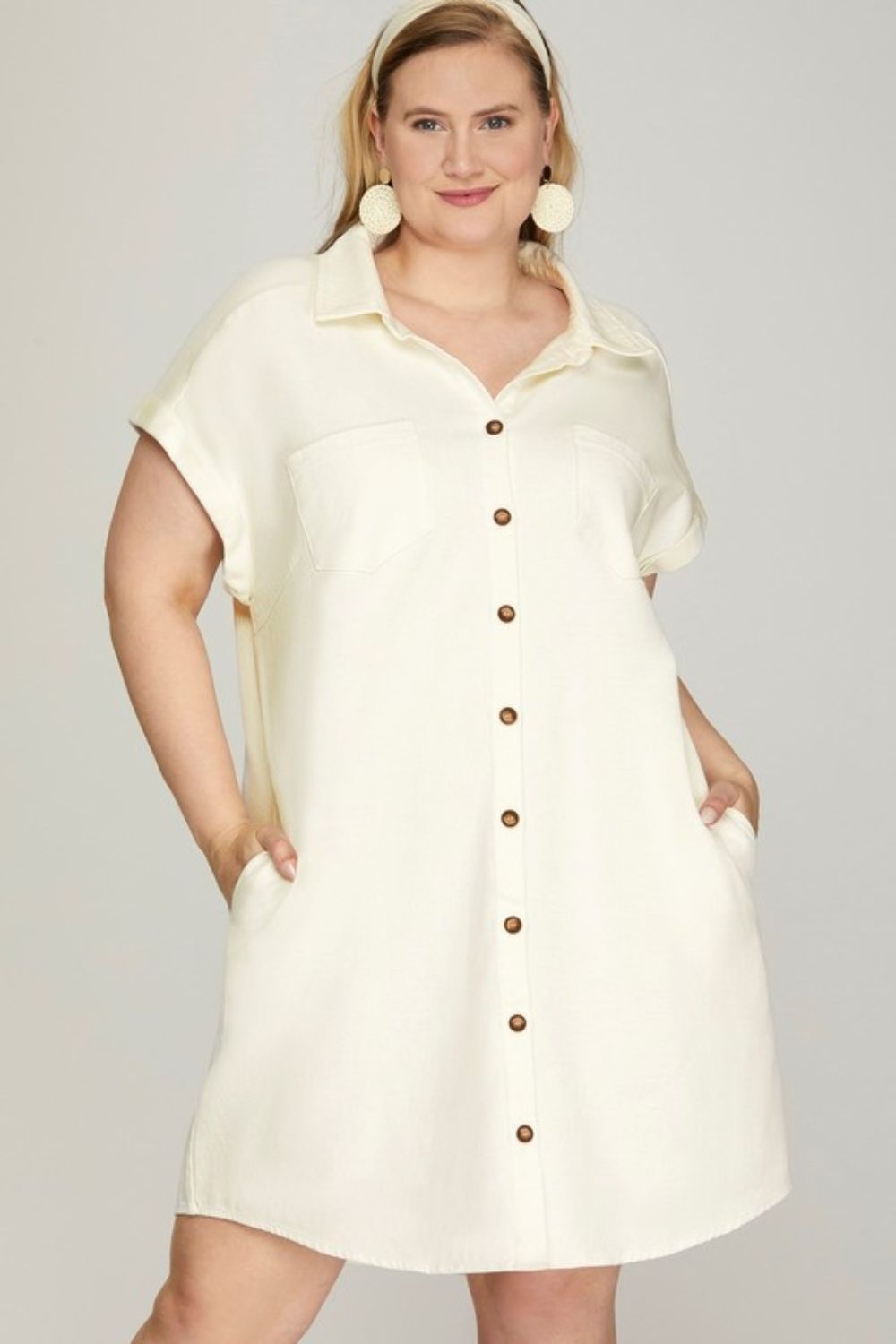 She + Sky Full Size Folded Cuff Button Down Washed Twill Shirt Dress Plus Size