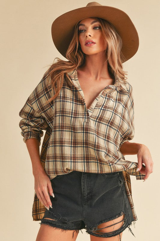 Aemi + Co Side Slit High-Low Plaid Long Sleeve Polo Shirt