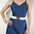 Alloy Buckle Elastic Belt on blue dress.