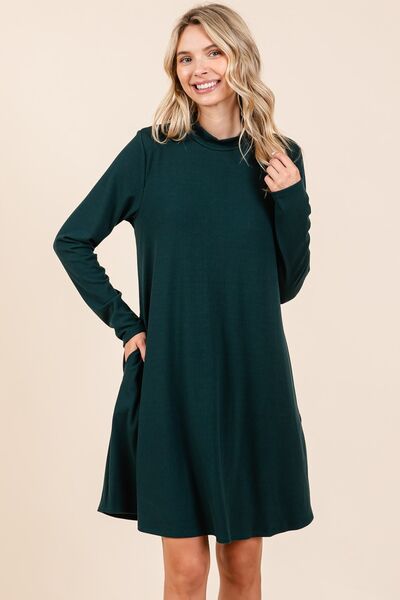 Mittoshop Mock Neck Long Sleeve Dress with Pockets in green.