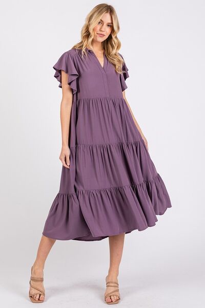 Mittoshop Ruffle Sleeve Collared V Neck Tiered Midi Dress