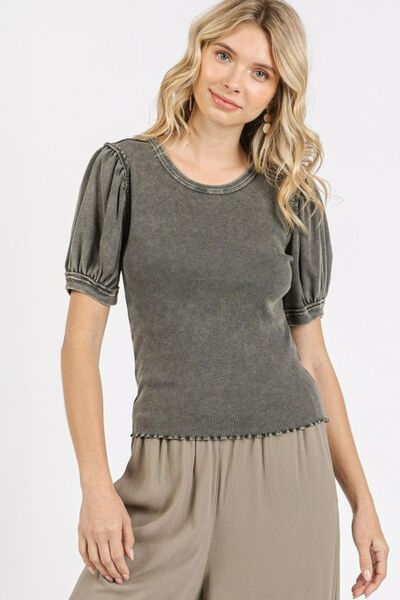 Mittoshop Mineral Wash Puff Sleeve Rib Knit Top