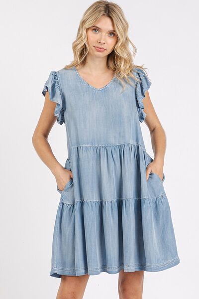 Mittoshop V-Neck Ruffled Cap Sleeve Mini Dress