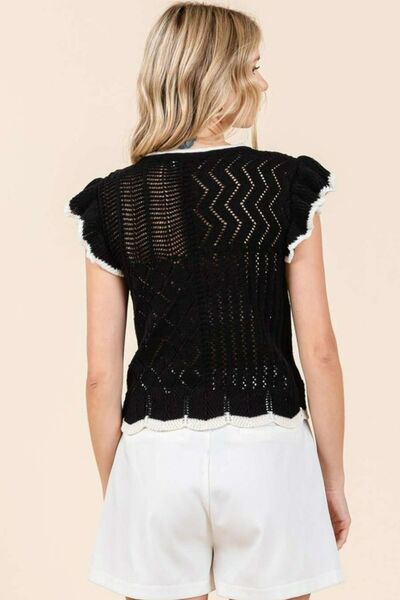 Mittoshop Openwork Contrast Trim Ruffled Cap Sleeve Knit Top