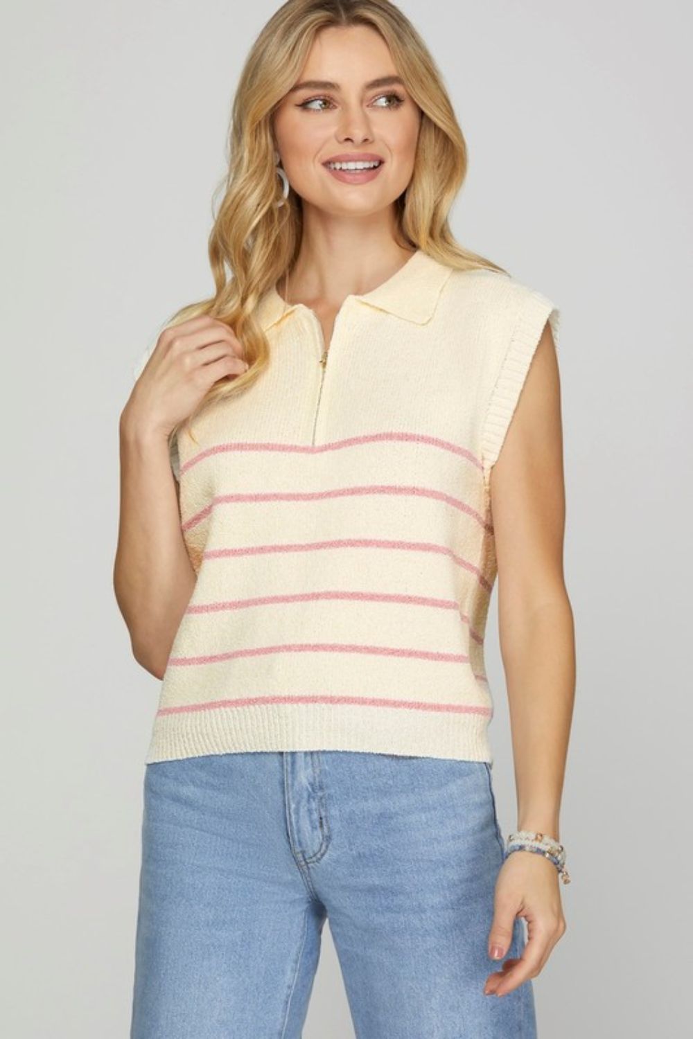 She + Sky Full Size Ribbed Hem Striped Half Zip Sweater Vest Plus Size