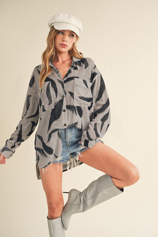 Aemi + Co High-Low Printed Button Up Long Sleeve Shirt