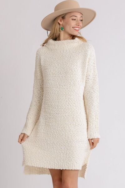 Umgee Full Size High Low Long Sleeve Boucle Sweater Dress Plus Size