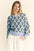 Davi & Dani Scale Jacquard Round Neck Drop Shoulder Sweater in blue and black pattern worn by model.