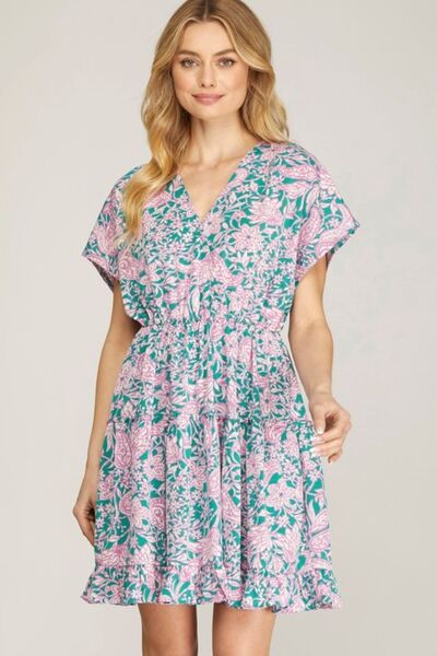 She + Sky Full Size Ruffled Hem Printed Surplice Kimono Sleeve Mini Dress Plus Size