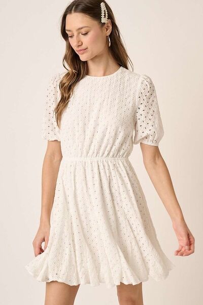 Mittoshop Eyelet Round Neck Puff Sleeve Mini Dress