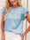 Leopard frill mock neck ruffled cap sleeve top in light blue.