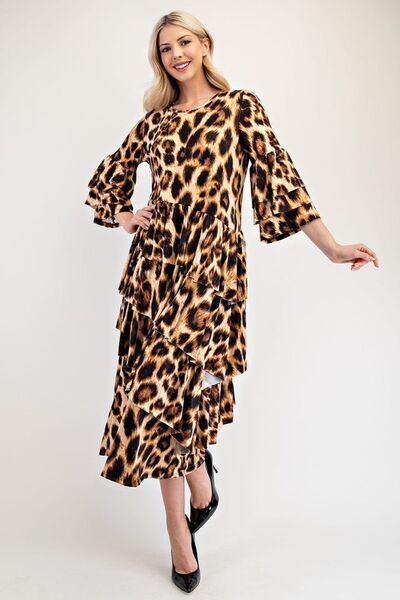 Celeste Full Size Leopard Asymmetrical Ruffle Midi Dress Plus Size