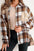 Plaid button-up long sleeve shacket with pockets and beige accents.