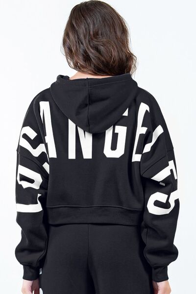 American Bazi Letter Graphic Long Sleeve Drawstring Cropped Hoodie