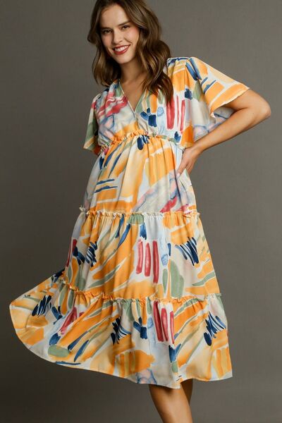 Umgee Full Size Abstract Print Flutter Sleeve Frill Tiered Midi Dress Plus Size