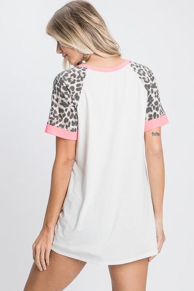 HeimishFull Size Leopard Round Neck Short Sleeve T-Shirt with Stitch Plus Size