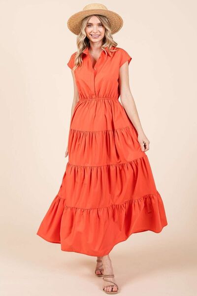 Mittoshop Button Up Collared Tiered Maxi Shirt Dress