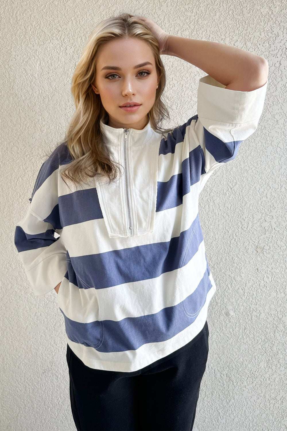 Oh Pima Cotton Wash Striped Half Zip Mock Neck Long Sleeve Top