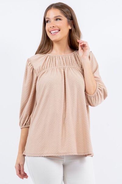 Celeste Full Size Puff Sleeve and Bow Detail Top Plus Size