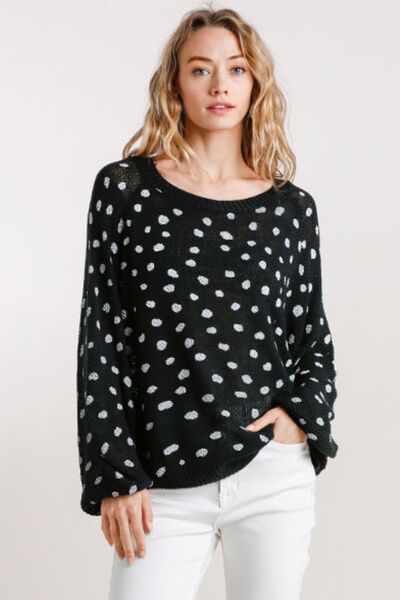 Umgee Full Size Dalmatian Hand Stamped Round Neck Sweater Plus Size