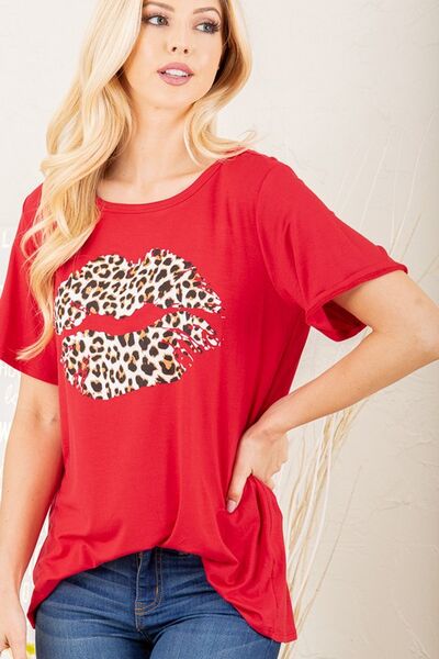 Heimish Full Size Leopard Lip Round Neck Short Sleeve T-Shirt Plus Size