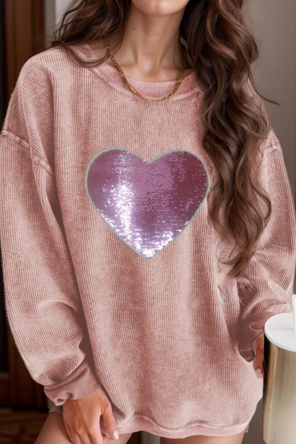 Valentine’s Day Sequin Heart Round Neck Long Sleeve Sweatshirt