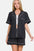 Zenana Button Down Short Sleeve Top and Shorts Lounge Set in black.