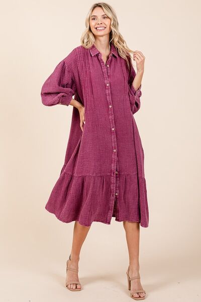 Mittoshop Mineral Wash Cotton Gauze Ruffle Midi Shirt Dress