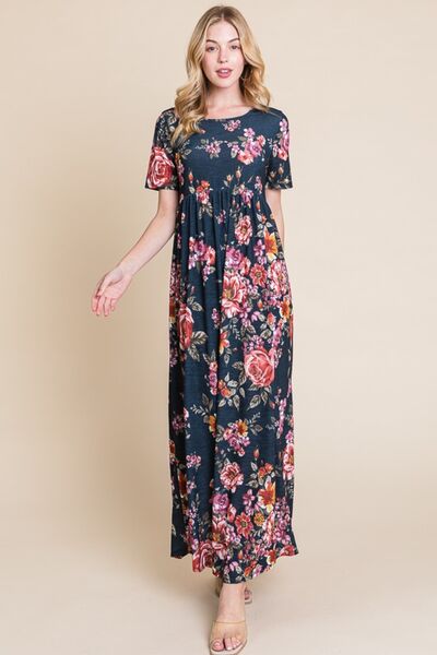 BOMBOM Floral Short Sleeve Maxi Dress with a flowy silhouette and shirred detailing.