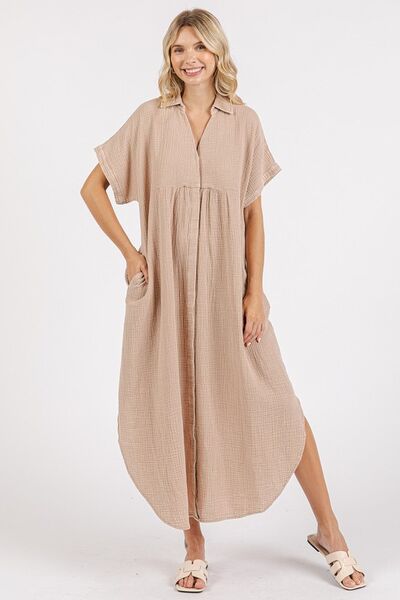 Mittoshop Mineral Wash V Neck Button Up Midi Shirt Dress