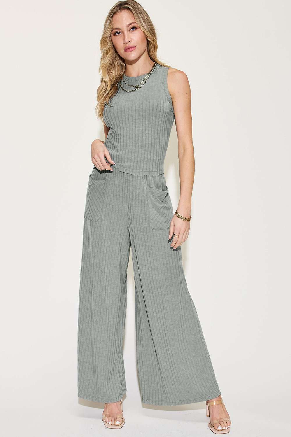 Basic Bae Full Size Ribbed Tank and Wide Leg Pants Set