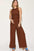 Basic Bae full size ribbed tank and wide leg pants set in brown, featuring frill and pockets.