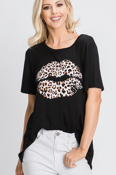 Heimish Full Size Leopard Lip Round Neck Short Sleeve T-Shirt Plus Size