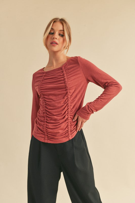 Aemi+Co Ruched Front Round Neck Long Sleeve T-Shirt