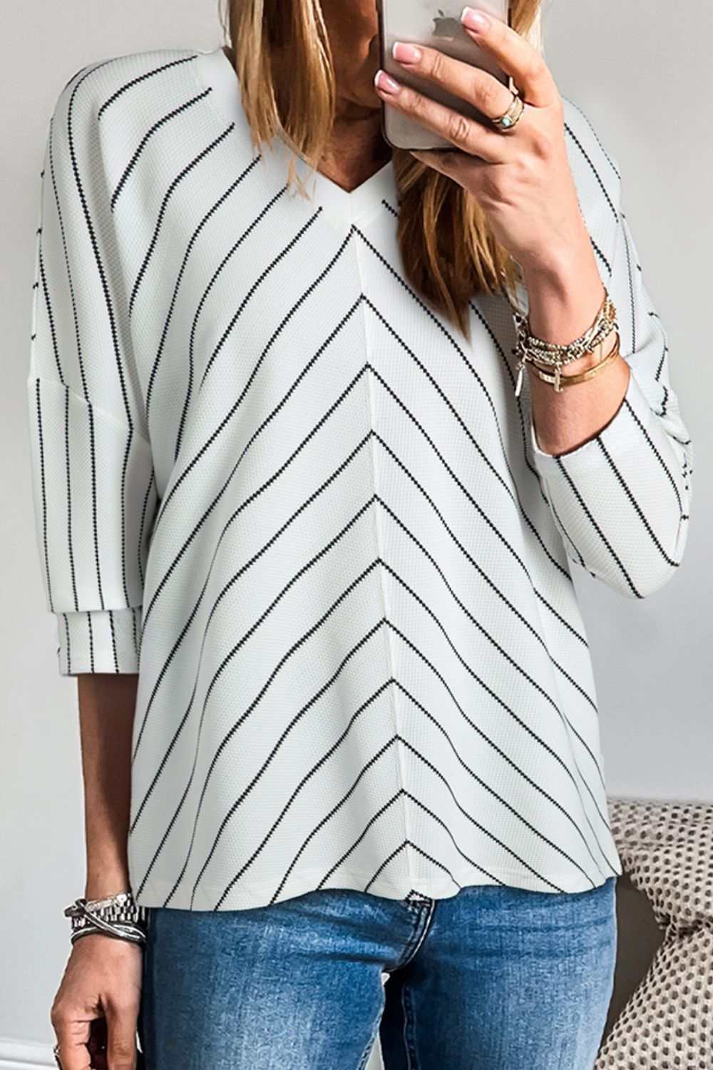 Striped V-Neck Long Sleeve Blouse