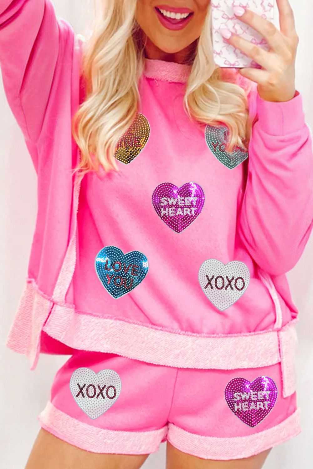 Sequin Heart Round Neck Top and Shorts Set