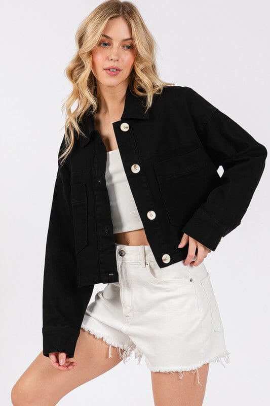 bytos Button Down Cropped Denim Jacket with Patch Pockets