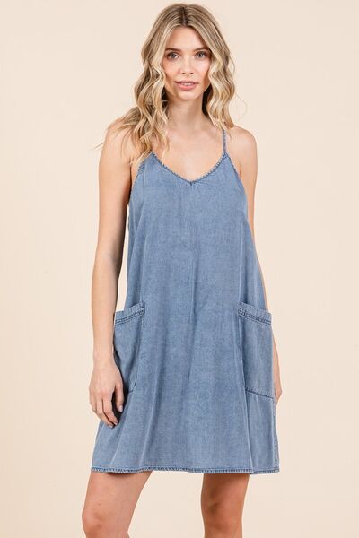 Mittoshop Washed Patch Pocket Mini Cami Denim Dress