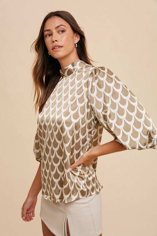 Annie Wear Tie Back Abstract Print Mock Neck Half Sleeve Blouse