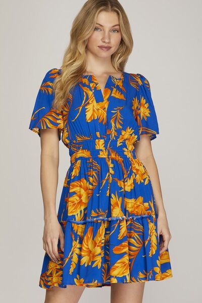 She + Sky Full Size Printed Notched Short Sleeve Frill Tiered Dress Plus Size