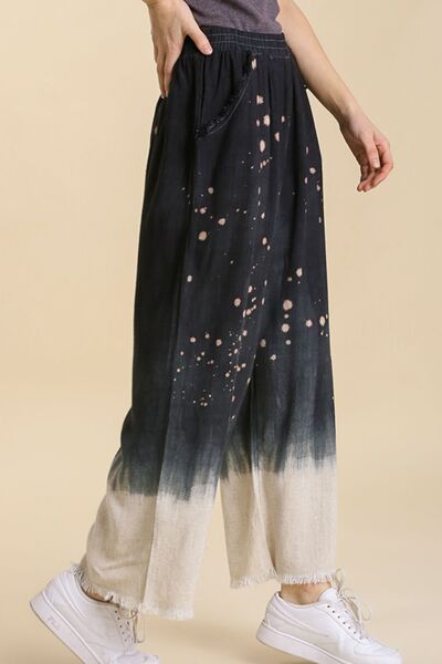 Umgee Full Size Raw Hem Linen Blend Bleach Dip Dye Wide Leg Pants Plus Size