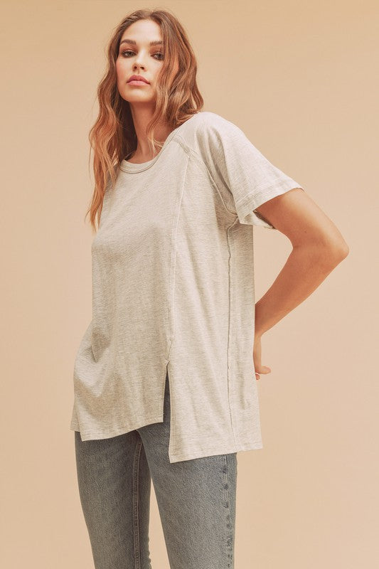 Aemi + Co Asymmetrical Front Slit Round Neck Raglan Sleeve T-Shirt