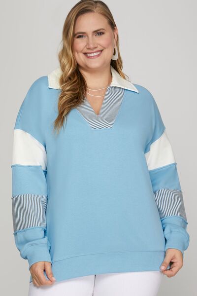 She + Sky Full Size Color Block Sleeve Johnny Collar French Terry Sweatshirt Plus Size