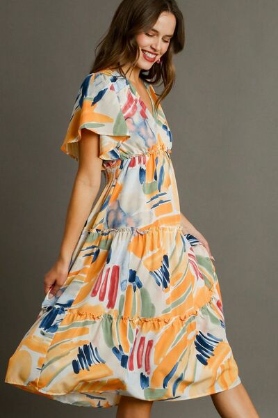 Umgee Full Size Abstract Print Flutter Sleeve Frill Tiered Midi Dress Plus Size